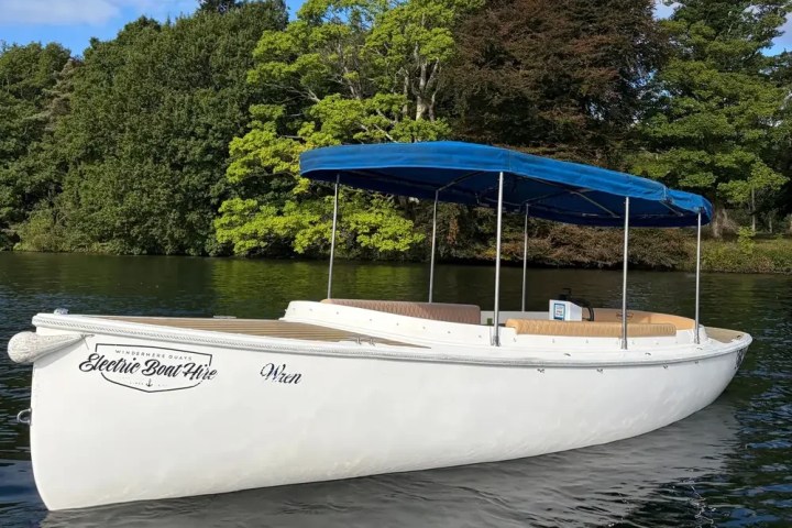 White boat with blue canopy floating on a lake near green trees.